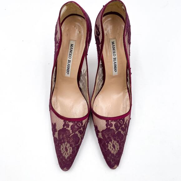 Manolo Blahnik Lace‎ Pumps Burgundy Red Floral Pointed Toe Sheer Sz 37 / 7 - Picture 2 of 10